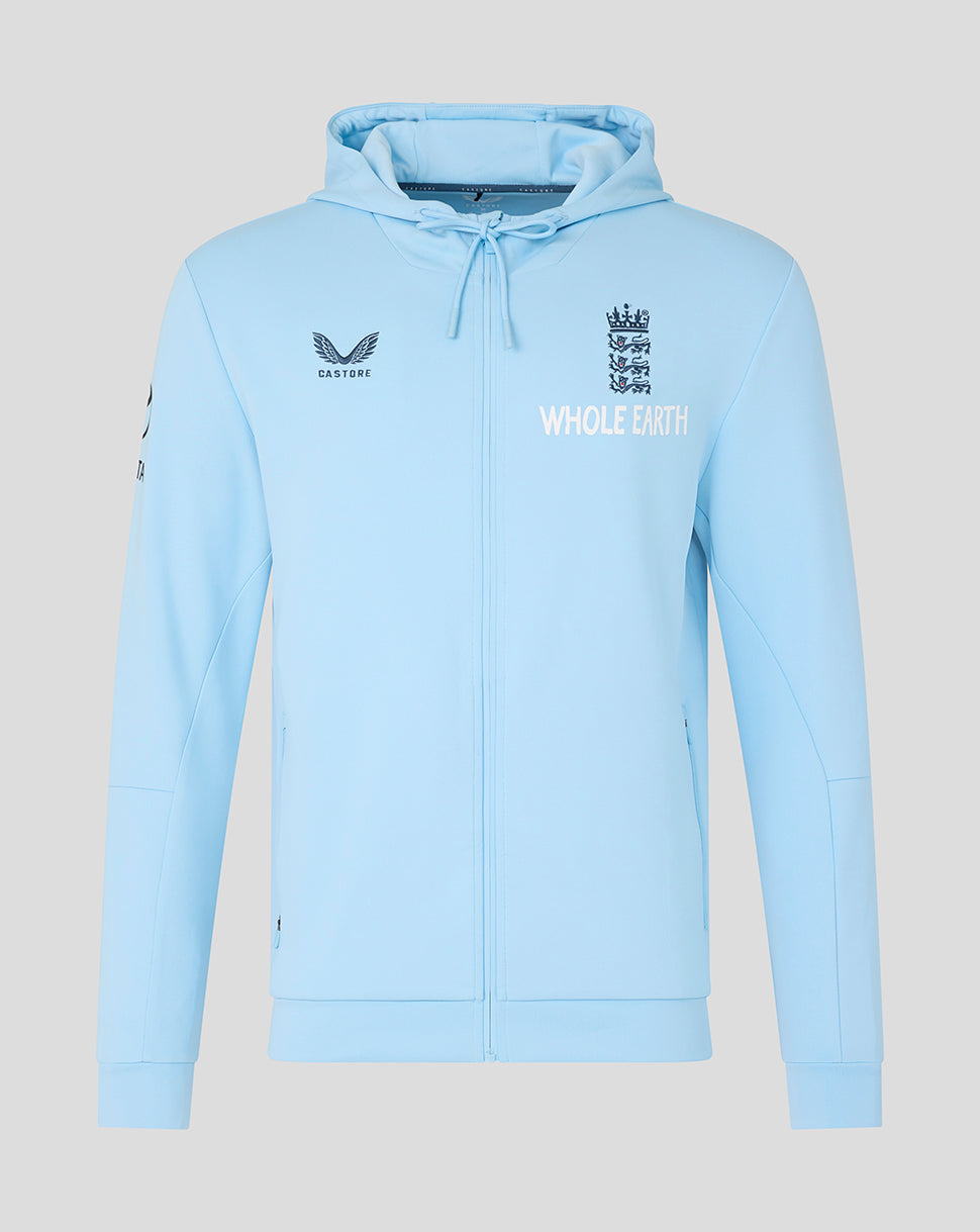 Light blue hoodie with branding on a gray background