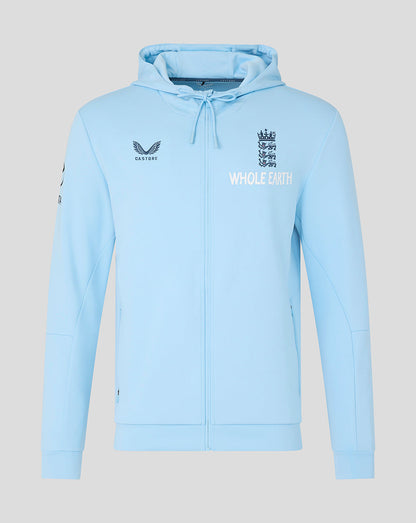 Light blue hoodie with branding on a gray background