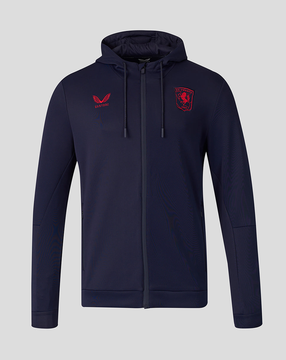 Front view of navy FC Twente Flex Travel full zip hoodie with crest on the chest and Castore logo