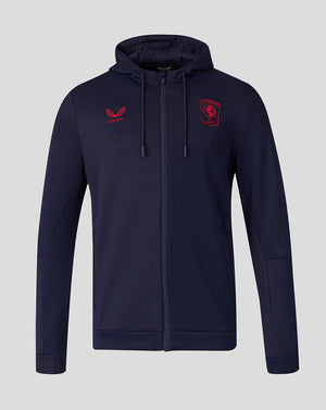 Front view of navy FC Twente Flex Travel full zip hoodie with crest on the chest and Castore logo