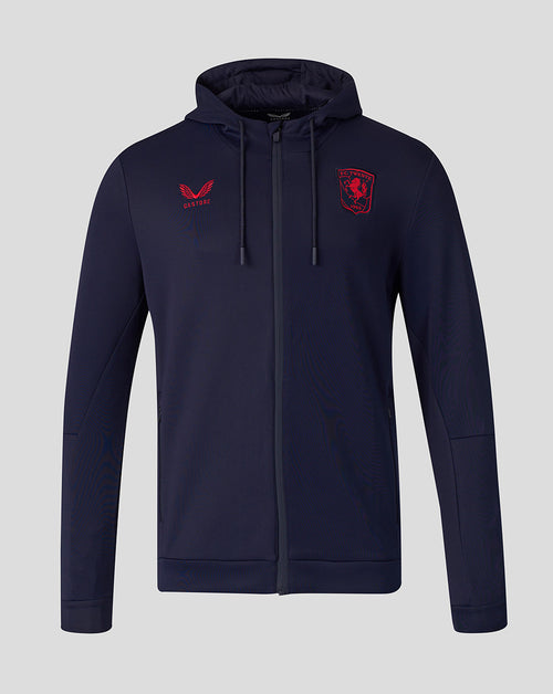 Front view of navy FC Twente Flex Travel full zip hoodie with crest on the chest and Castore logo
