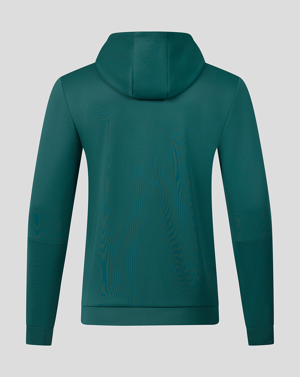 Back view of green Feyenoord travel hoodie showing solid back and hood without visible logos