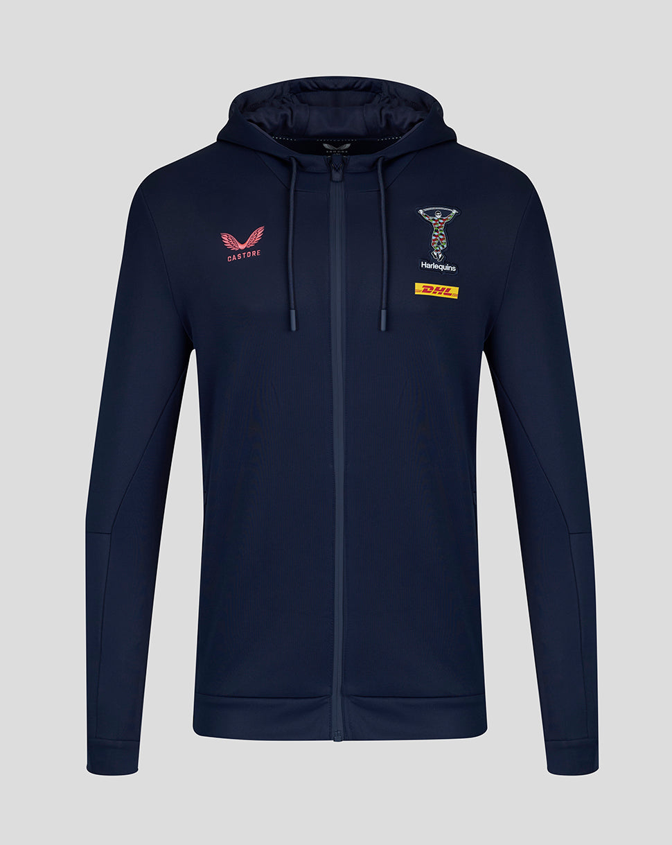 Navy blue hoodie with brand logos on a light gray background