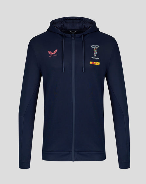 Navy blue hoodie with brand logos on a light gray background