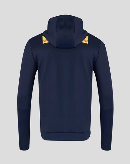 Navy blue hoodie with yellow accents on a light gray background
