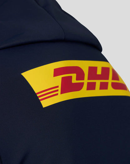 Navy blue jacket with DHL logo on a light gray background