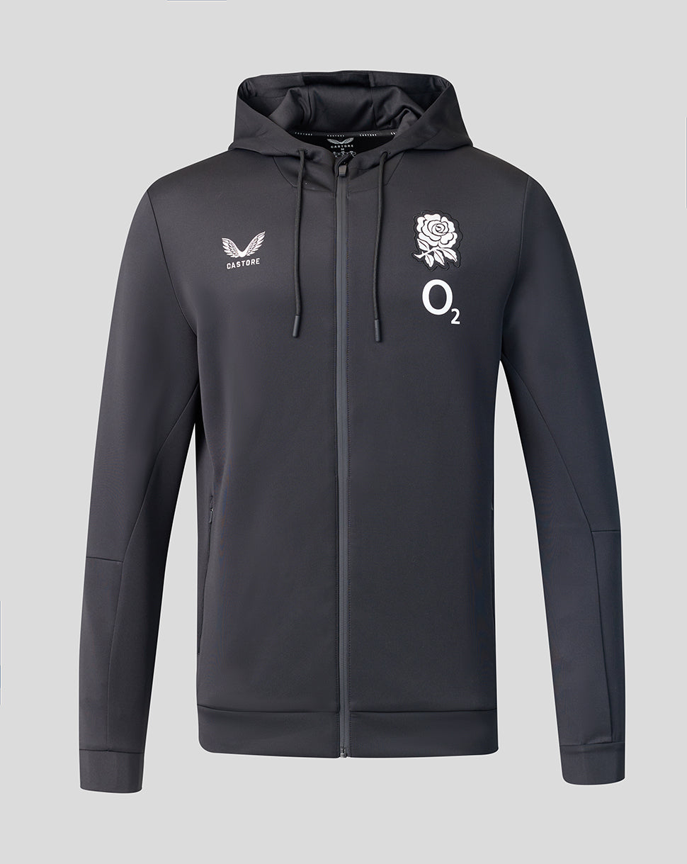 Dark gray hoodie with logos on a light gray background
