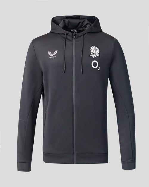 Dark gray hoodie with logos on a light gray background