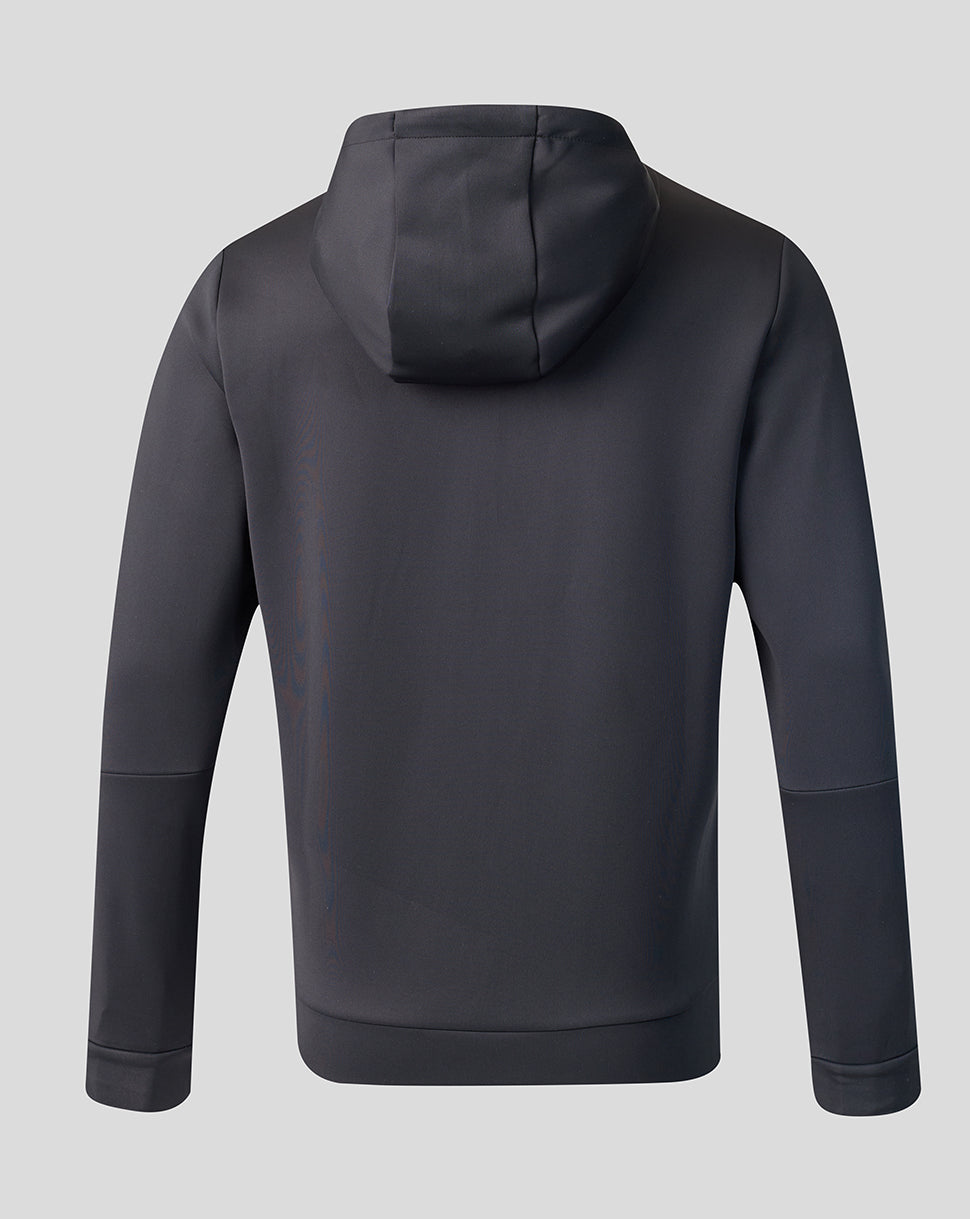 Dark gray hoodie shown from the back on a light gray background