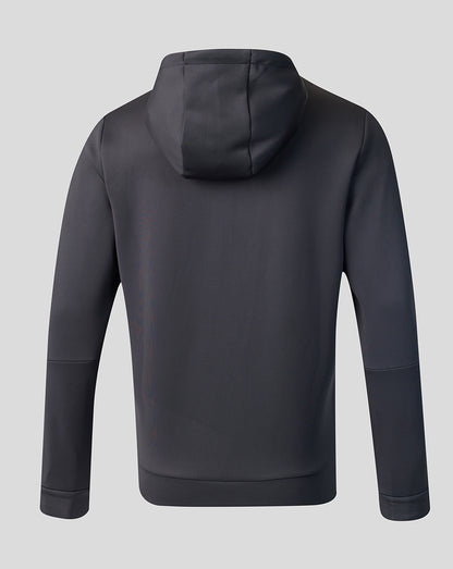Dark gray hoodie shown from the back on a light gray background