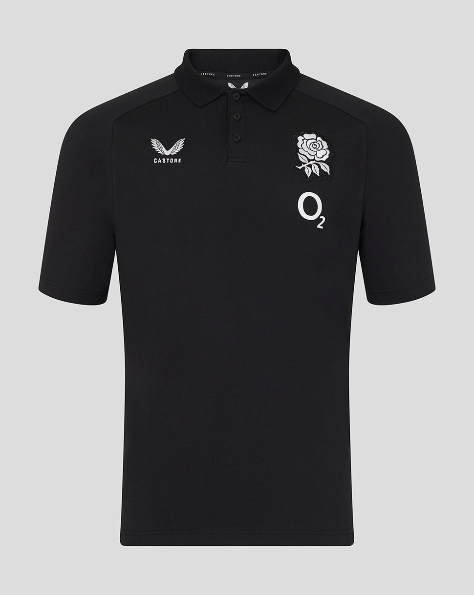 Black polo shirt with logos on a gray background