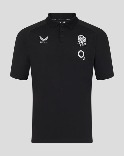 Black polo shirt with logos on a gray background