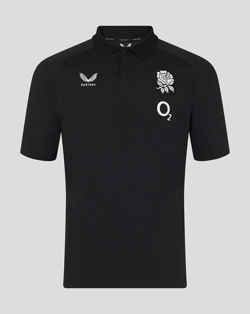 Black polo shirt with logos on a gray background