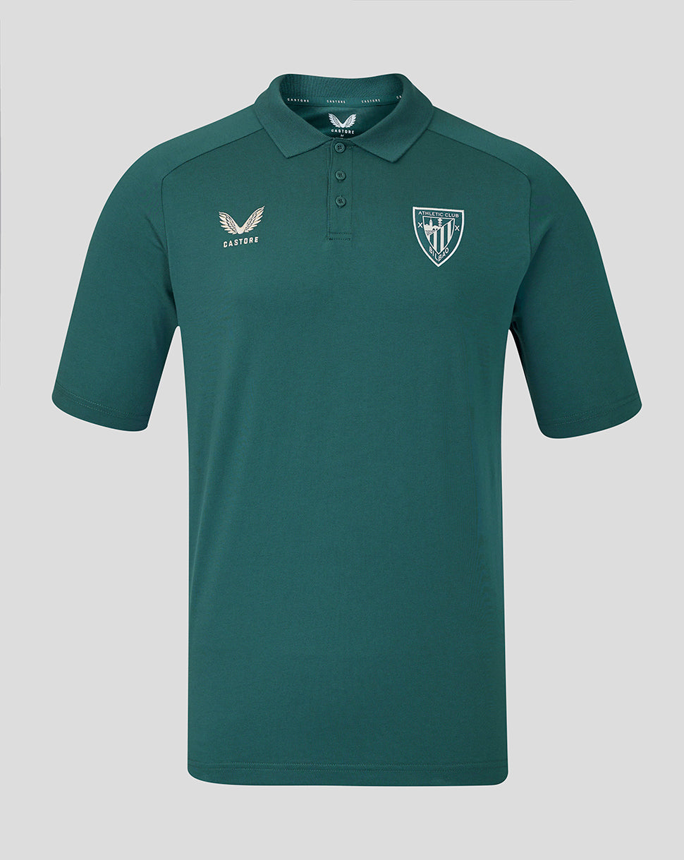 Teal travel polo with Athletic Club crest on the chest and Castore logo on the opposite side.