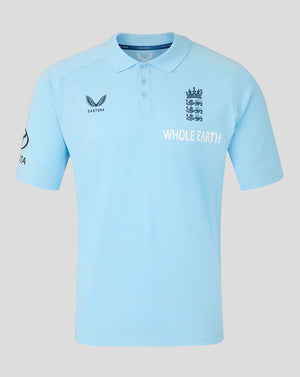 Light blue polo shirt with multiple logos on a light gray background