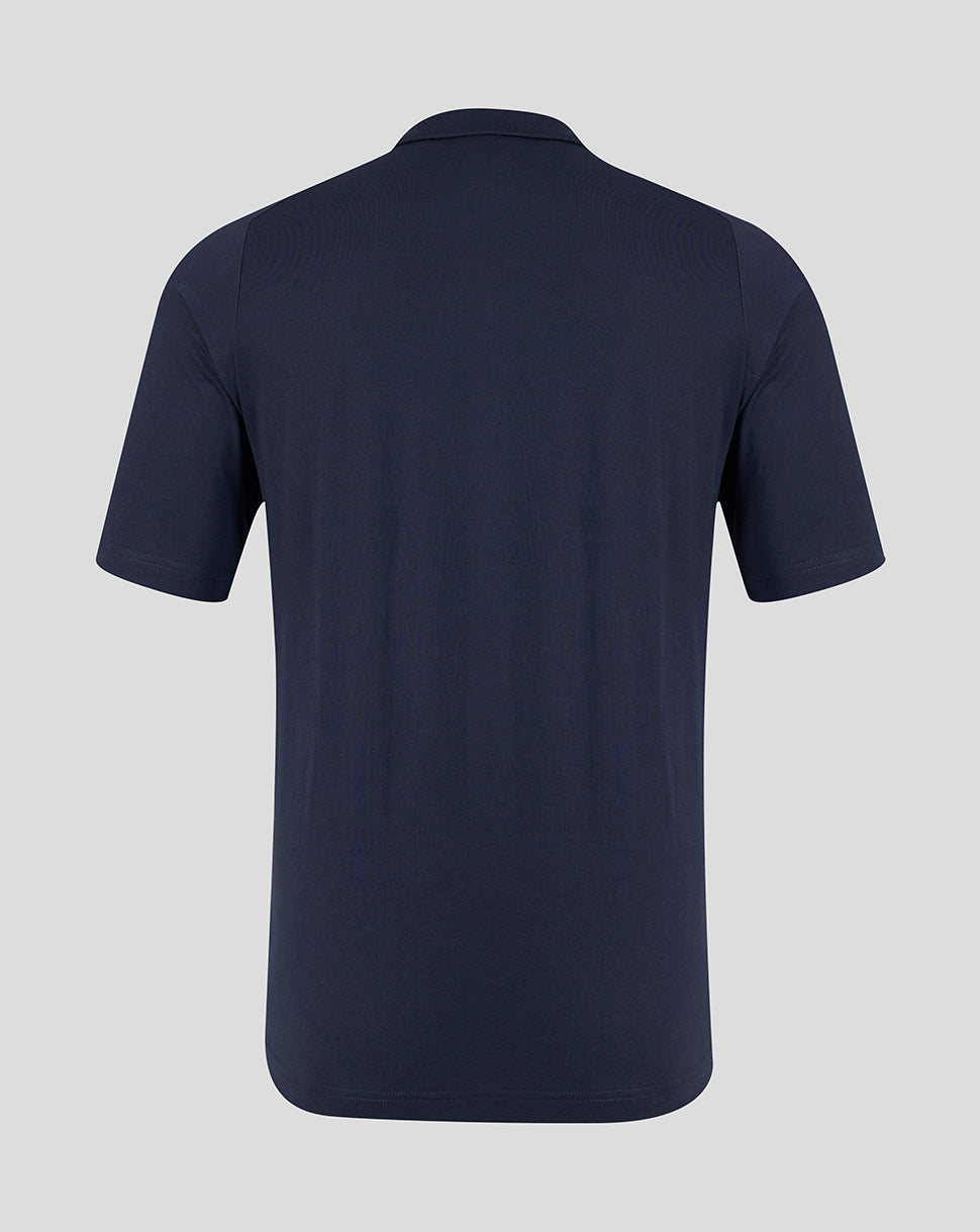 Back view of a navy FC Twente men's travel polo shirt with short sleeves.