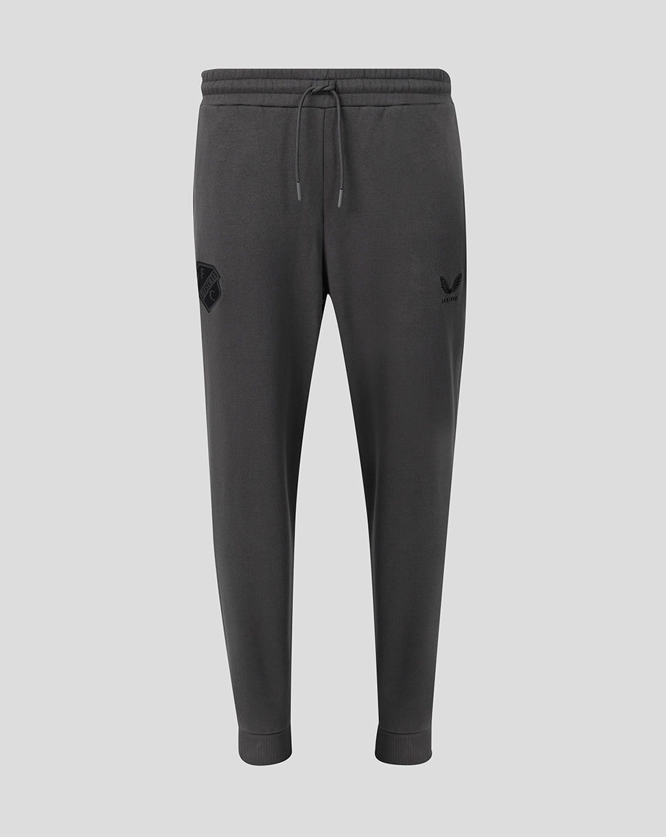 Front view of dark grey FC Utrecht travel fleece pants with a drawstring waist left thigh crest and Castore logo