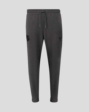 Front view of dark grey FC Utrecht travel fleece pants with a drawstring waist left thigh crest and Castore logo