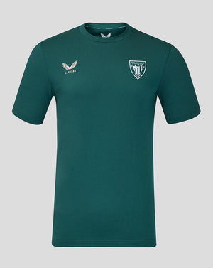Teal green Athletic Club Travel Shirt front view with crest on left chest and Castore logo on right