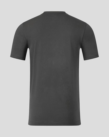 A dark gray short-sleeve crewneck t-shirt shown from the back, displayed on a clean light gray background.