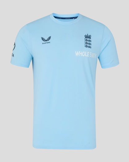 Light blue t-shirt with sports logos on a gray background