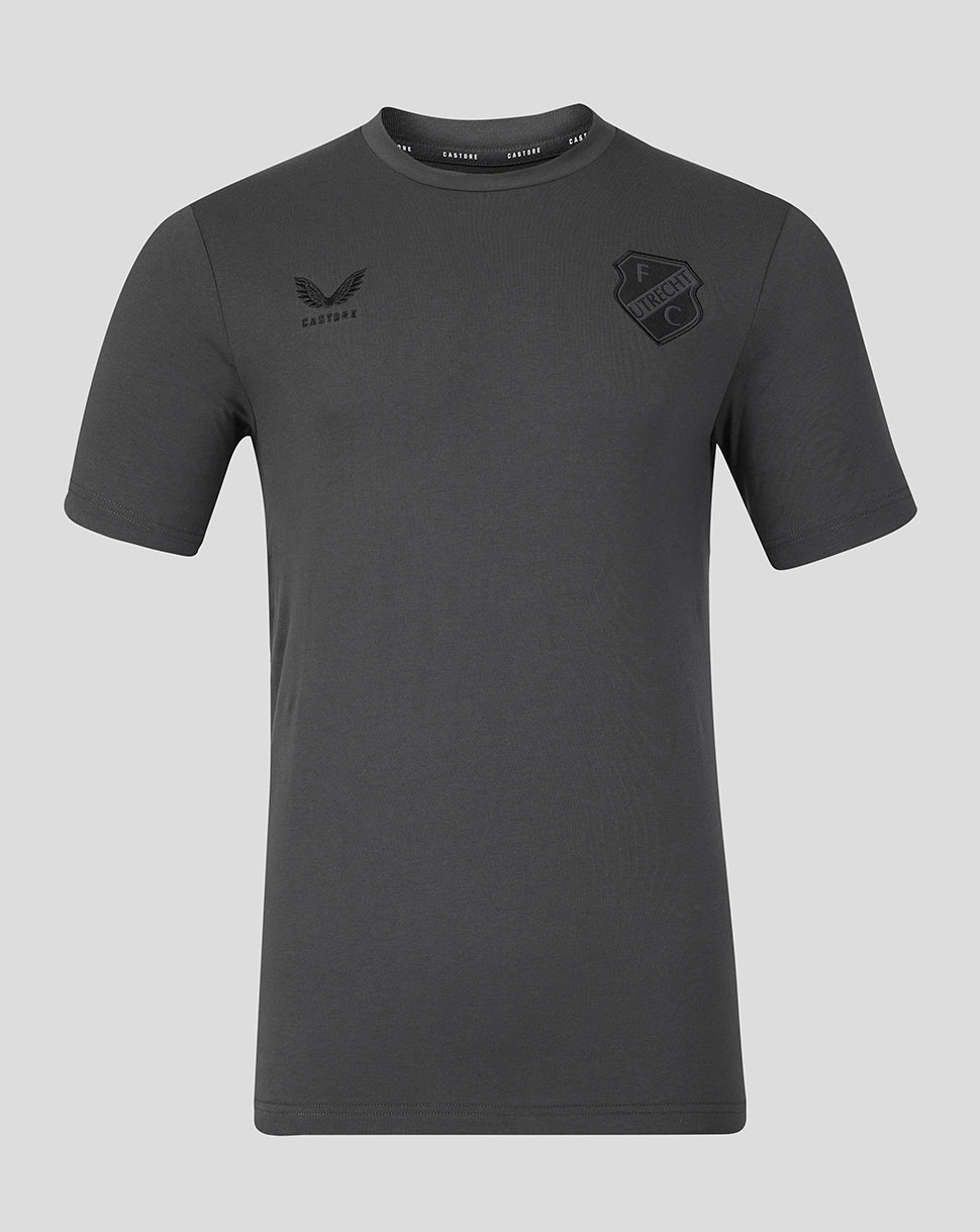 Front view of dark gray FC Utrecht travel shirt with club crest on the left chest and Castore logo on the right