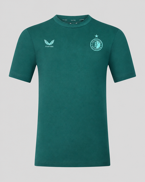 Front view of Feyenoord travel shirt in green with club crest on the left chest and Castore logo on the right.