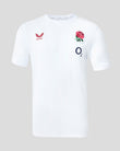 White t-shirt with rugby-related logos on a light gray background