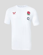 White t-shirt with rugby-related logos on a light gray background