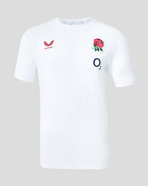 White t-shirt with rugby-related logos on a light gray background