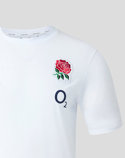 White sports jersey with a rose emblem and 'England' logo on a light gray background