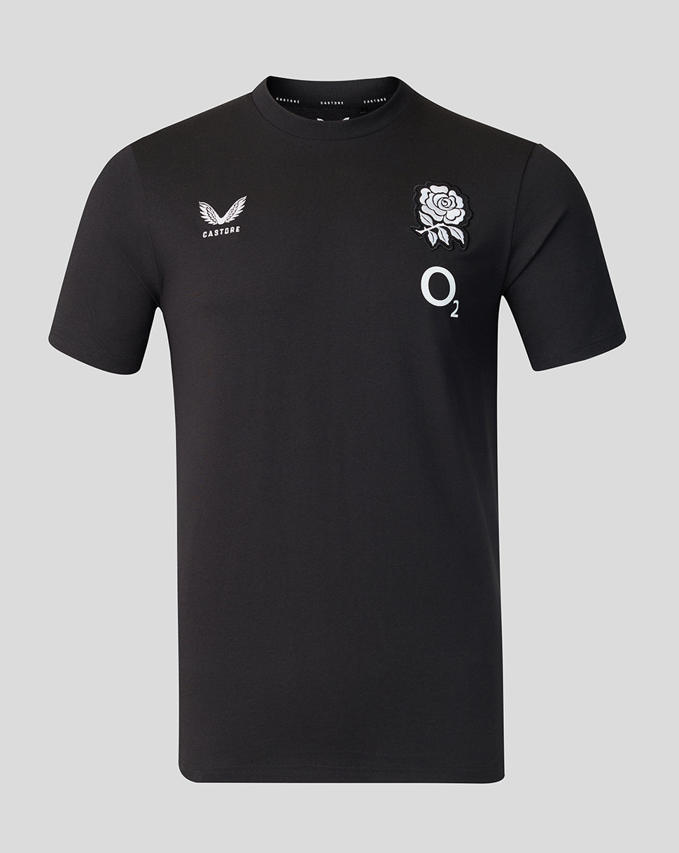 Black t-shirt with white logos on a gray background