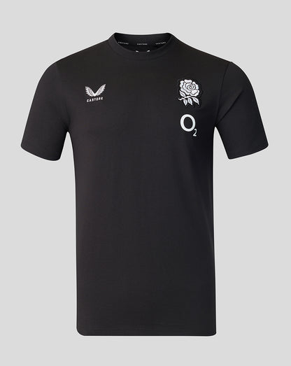 Black t-shirt with white logos on a gray background
