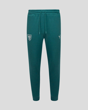 Teal Athletic Club travel track pants with drawstring waist and left leg crest and right logo