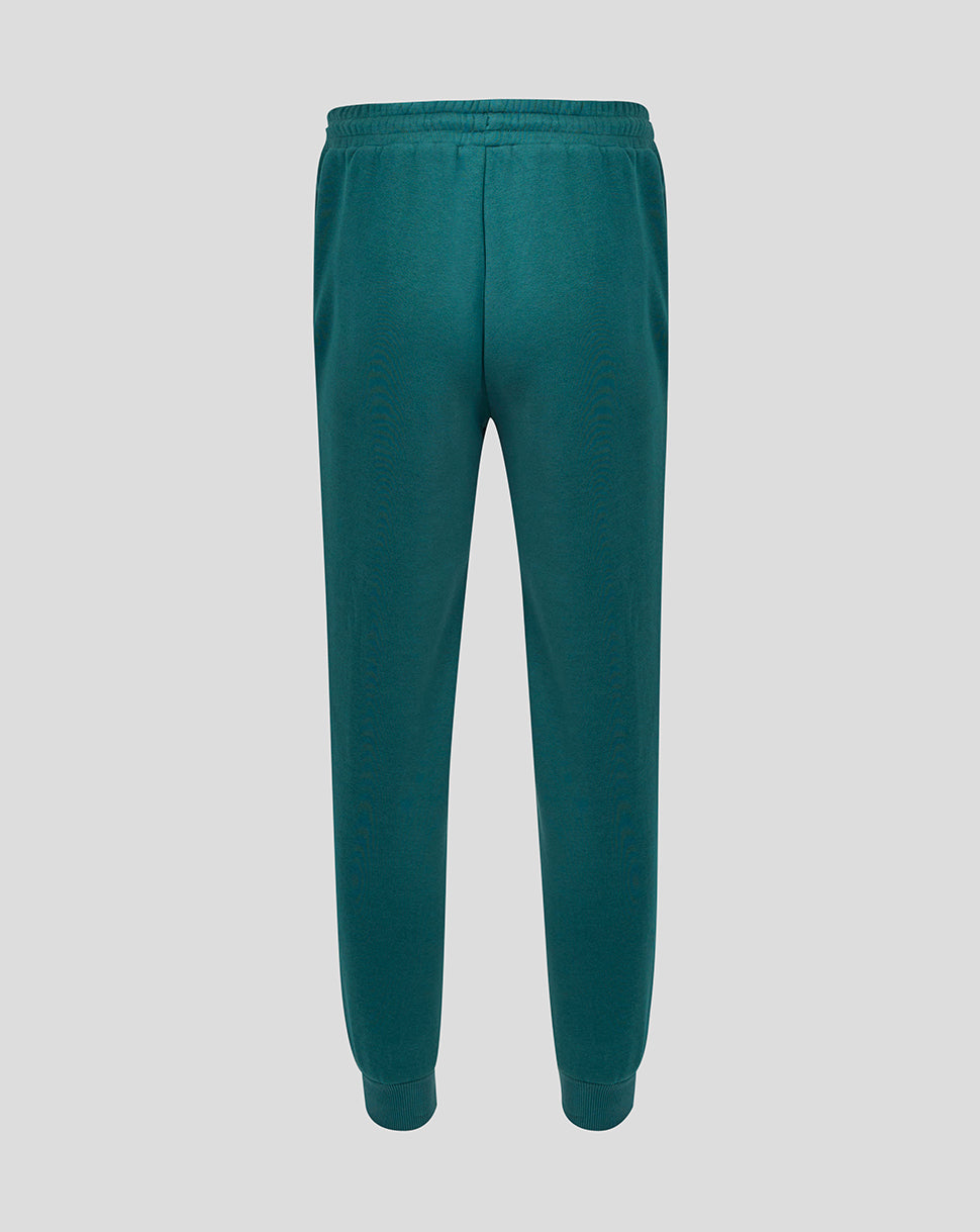Back view of teal travel track pants showing elastic waistband and cuffs