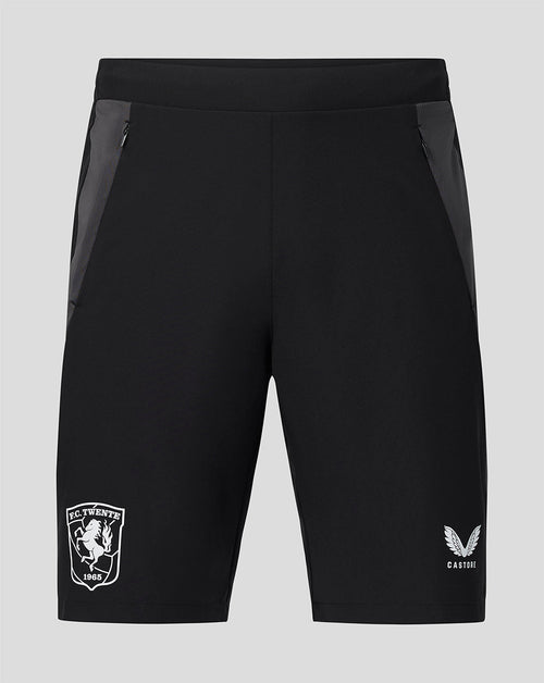 Front view of black FC Twente 26/27 training shorts with zip pockets and team crest.