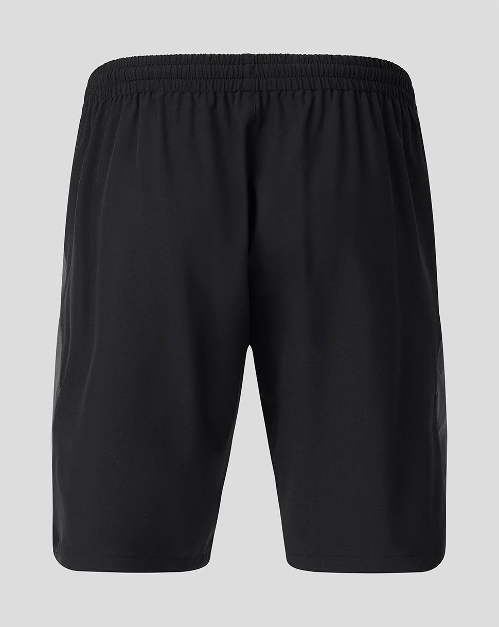 Back view of black training shorts with an elastic waistband.