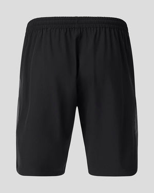 Back view of black training shorts with an elastic waistband.