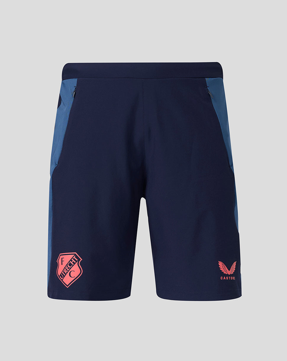 Navy FC Utrecht training shorts with light blue side panels, zip pockets, and pink club crest on the left leg.