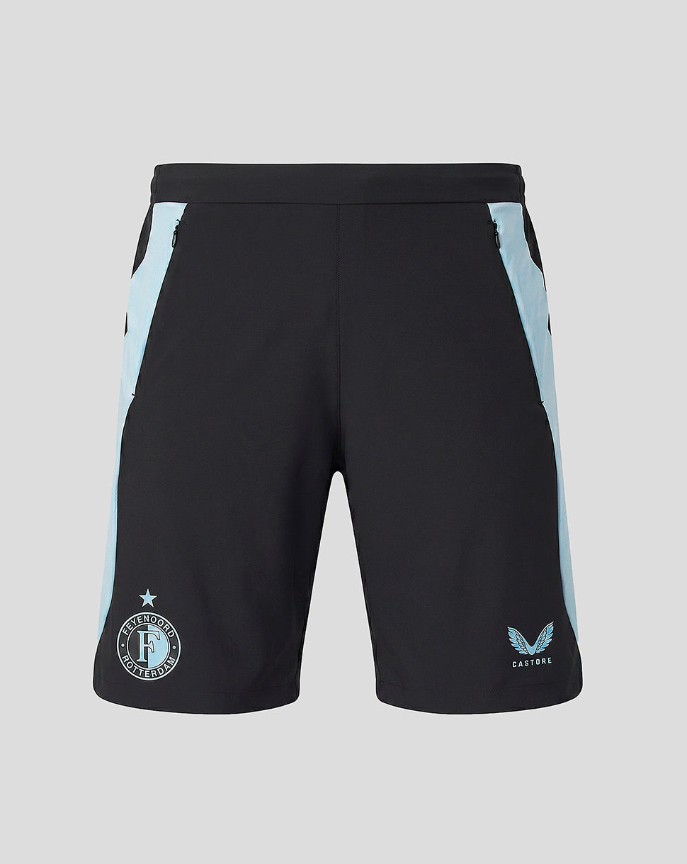 Front view of black training shorts with light blue side panels and pockets, Feyenoord crest on left leg and Castore emblem on right.