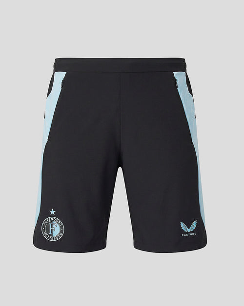 Front view of black training shorts with light blue side panels and pockets, Feyenoord crest on left leg and Castore emblem on right.
