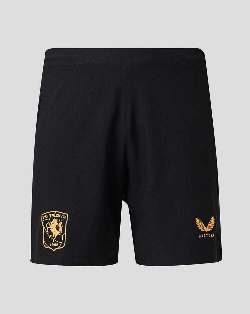 Back view of black FC Twente training shorts with gold club crest and Castore logo on the hem.