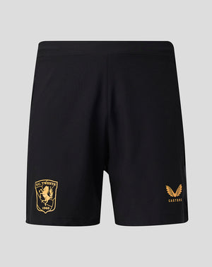 Back view of black FC Twente training shorts with gold club crest and Castore logo on the hem.