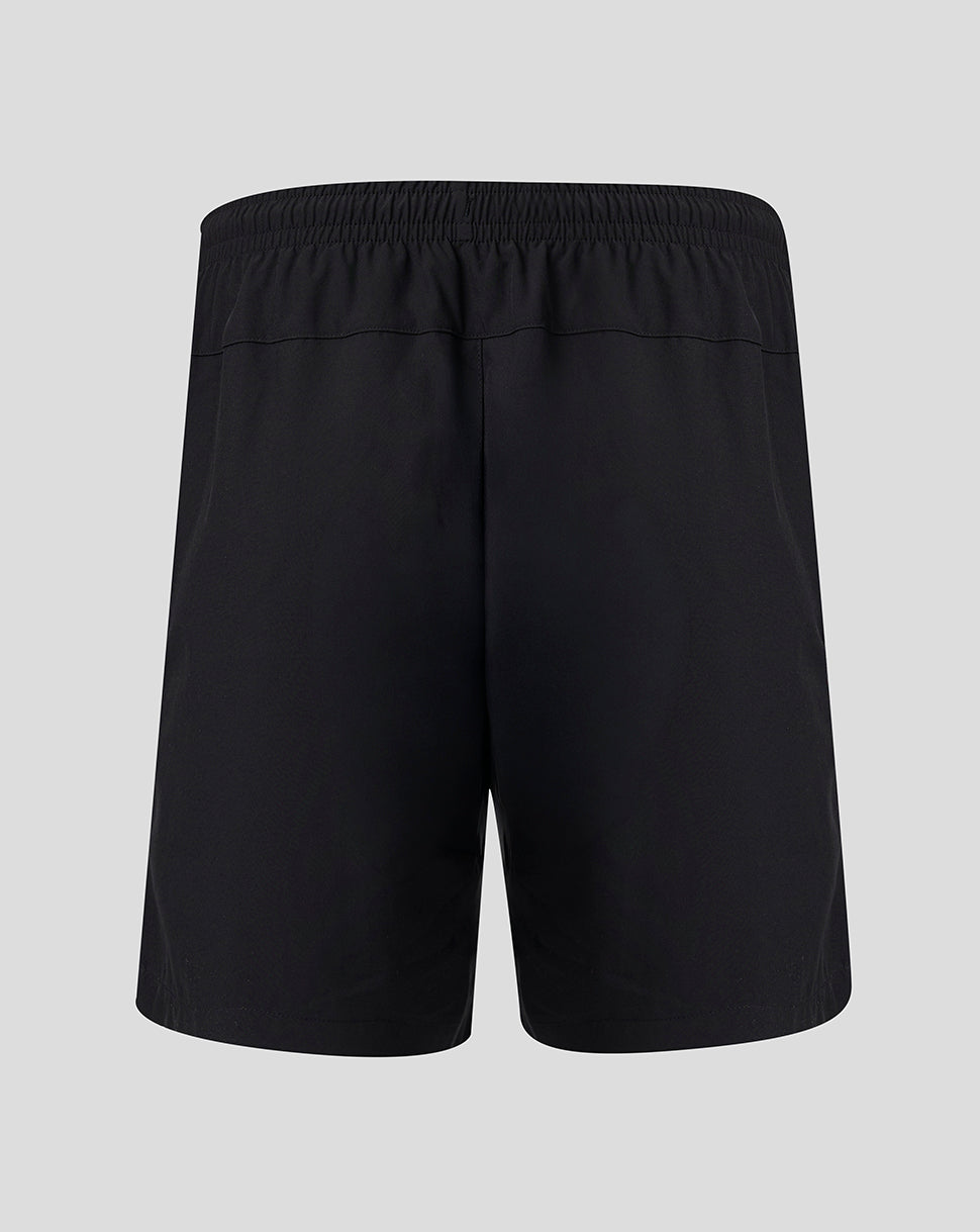 Back view of black FC Twente training shorts with an elastic waistband and clean panel design.