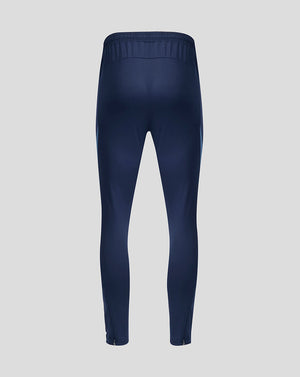 Back view of navy training pants with elastic waistband and tapered legs