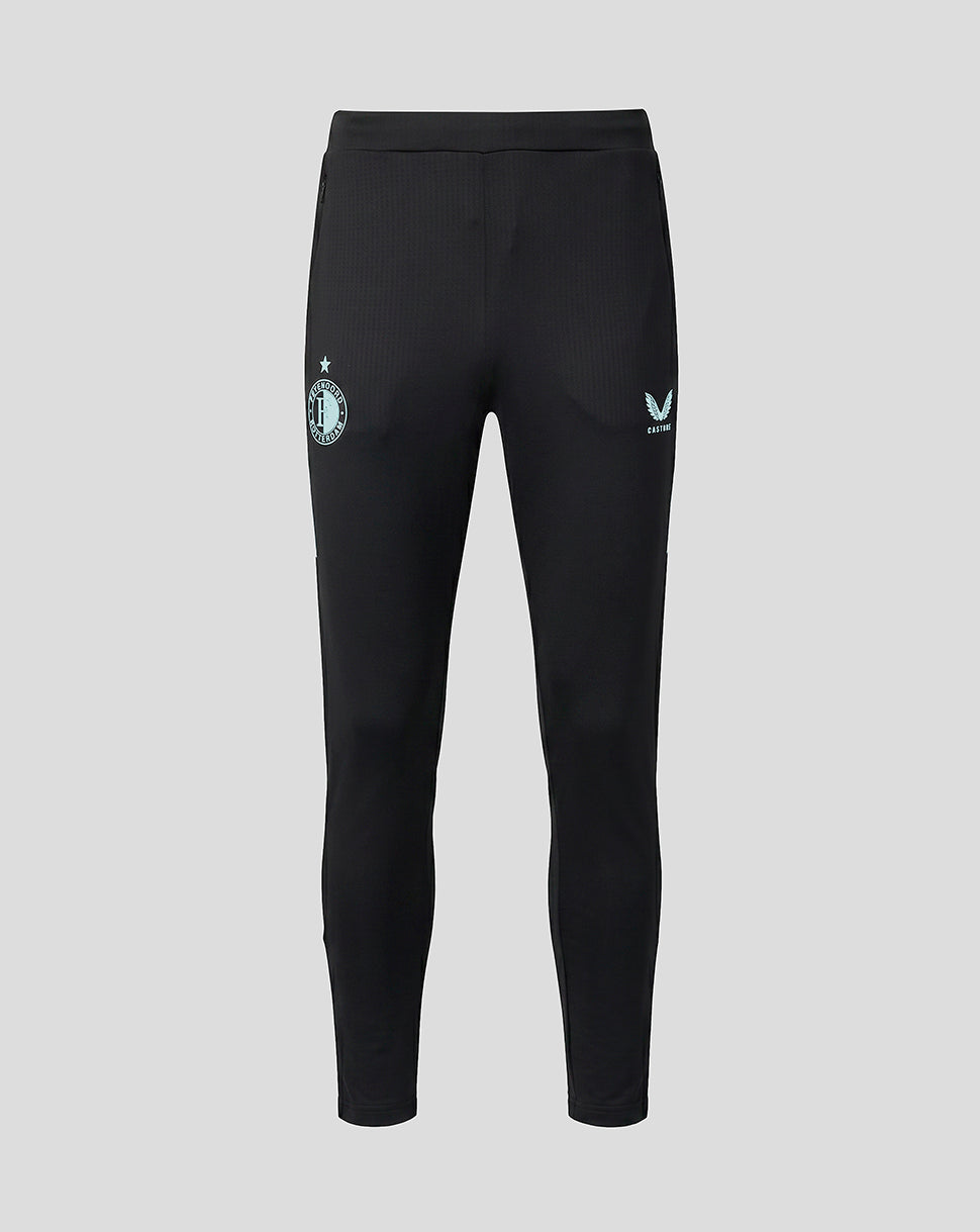 Black Feyenoord training pants front view with a light blue circular club crest on the left thigh and a small star above.