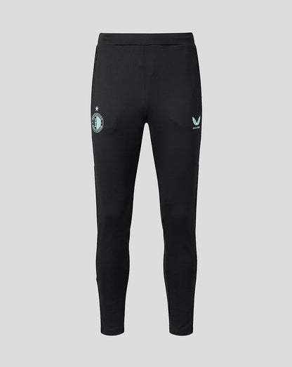 Black Feyenoord training pants front view with a light blue circular club crest on the left thigh and a small star above.