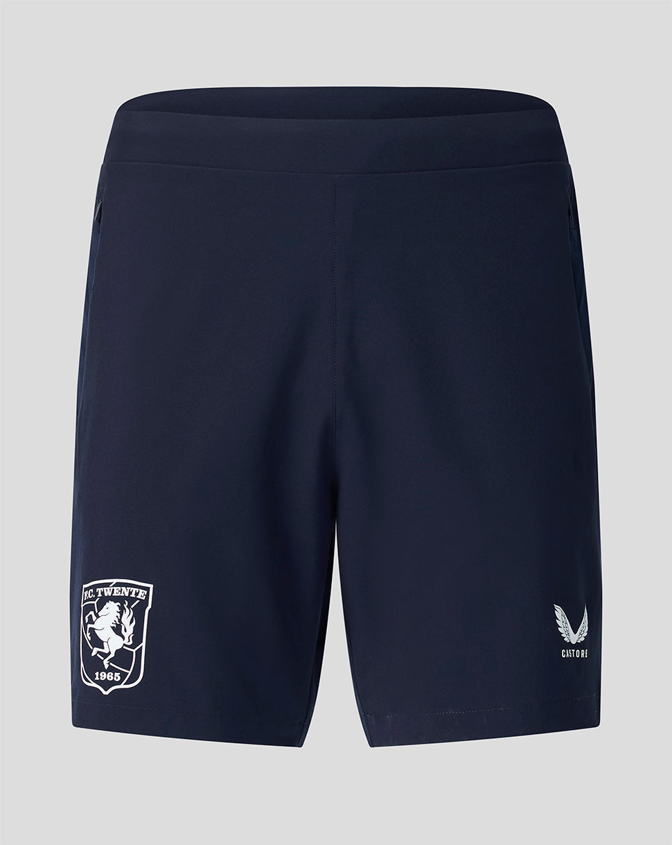 Back view of navy FC Twente training shorts with team crest on the left leg and Castore logo on the right leg