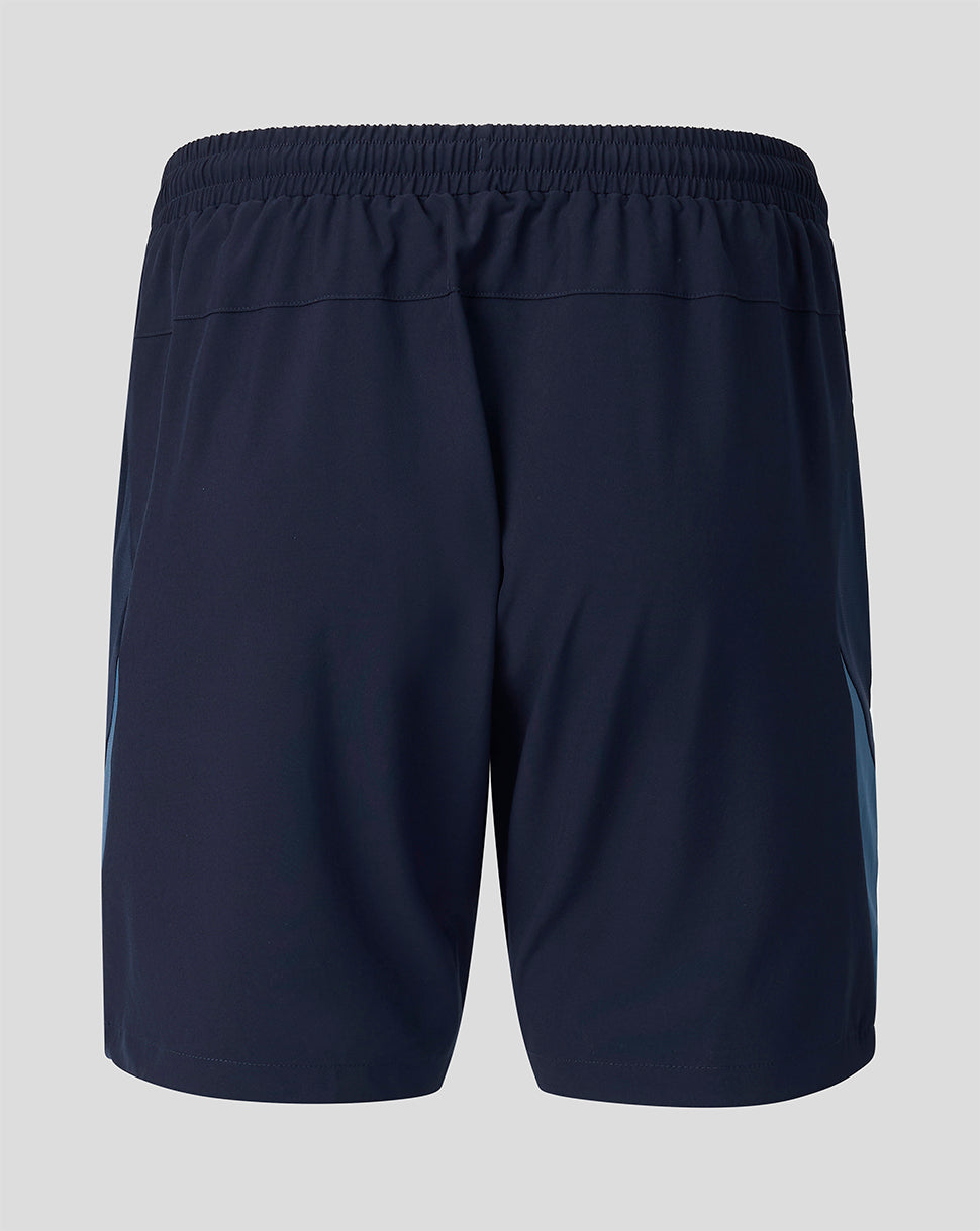 Front view of navy FC Twente training shorts showing team crest on the left leg and Castore branding on the right leg