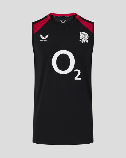 Black sleeveless sports jersey with red shoulders, white rose emblem, and 'O2' logo on a gray background.